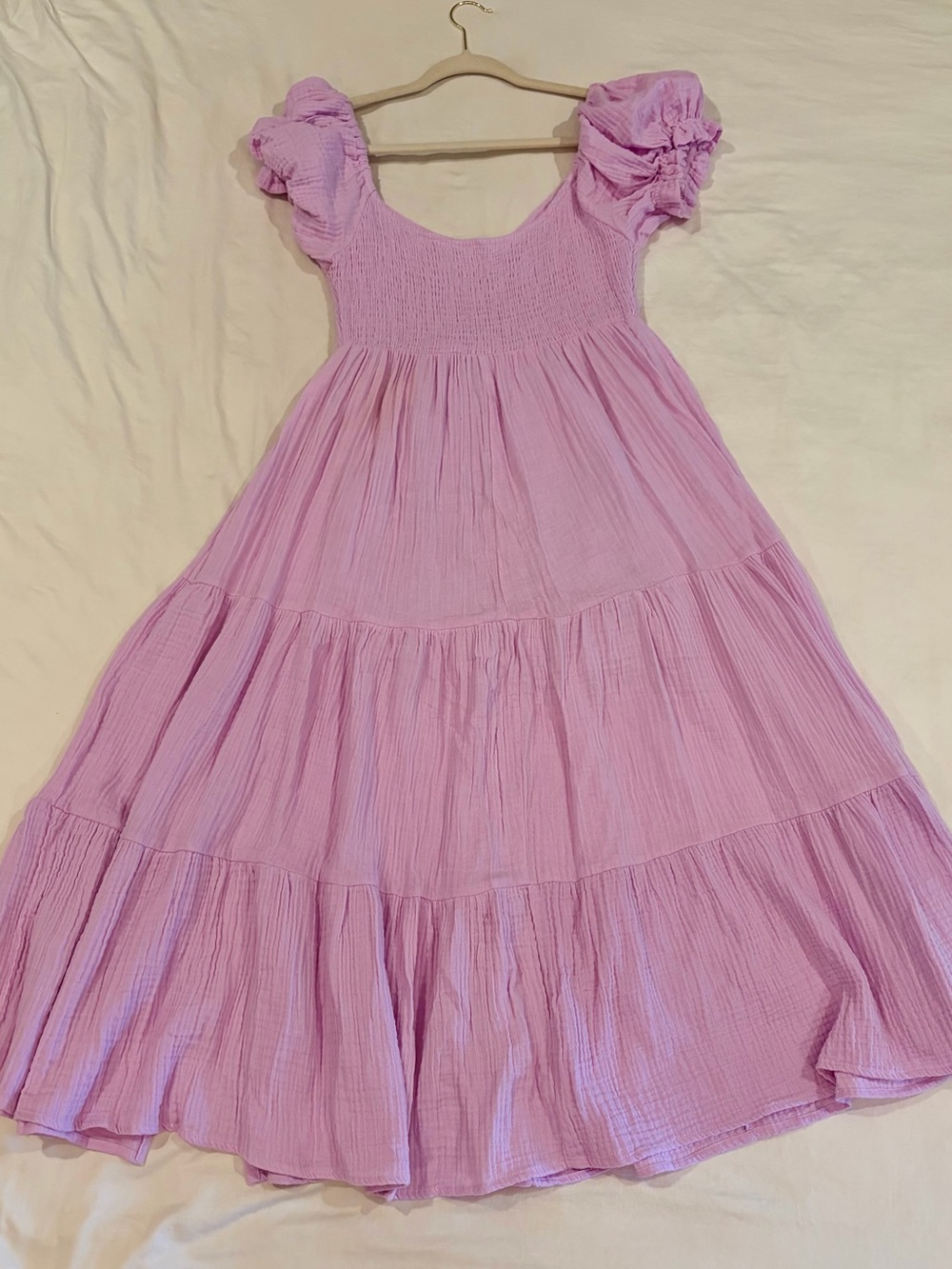 Women's Lavender Puff-Sleeve Tiered Dress - 100% Cotton, Size M